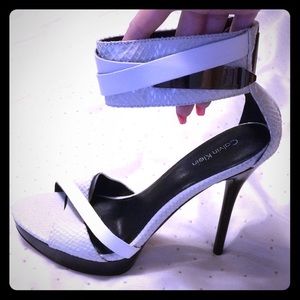 Calvin Klein strappy snakeskin pumps